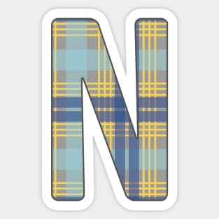 Monogram Letter N, Blue, Yellow and Grey Scottish Tartan Style Typography Design Sticker